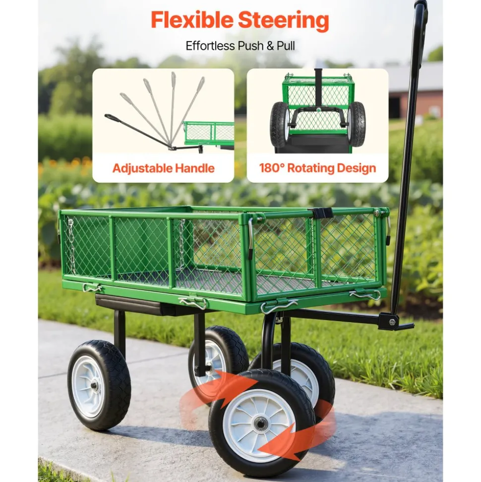 VEVOR Garden Cart with Seat, 500 LBS, Rolling Steel Garden Work Seat with Wheels, Heavy Duty Gardening Stool, with Tool Tray & Adjustable Handle, Outdoor Yard Wagon, for Lawn, Patio, Backyard, Green