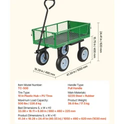 VEVOR Garden Cart with Seat, 500 LBS, Rolling Steel Garden Work Seat with Wheels, Heavy Duty Gardening Stool, with Tool Tray & Adjustable Handle, Outdoor Yard Wagon, for Lawn, Patio, Backyard, Green
