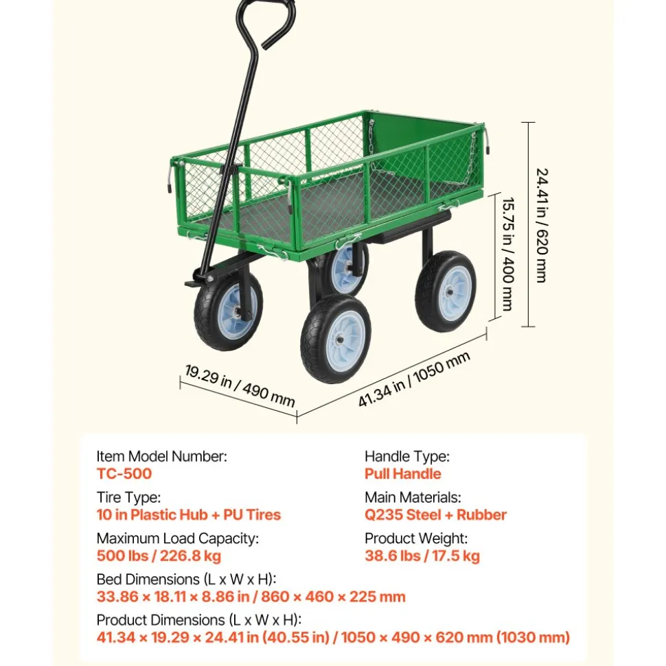 VEVOR Garden Cart with Seat, 500 LBS, Rolling Steel Garden Work Seat with Wheels, Heavy Duty Gardening Stool, with Tool Tray & Adjustable Handle, Outdoor Yard Wagon, for Lawn, Patio, Backyard, Green