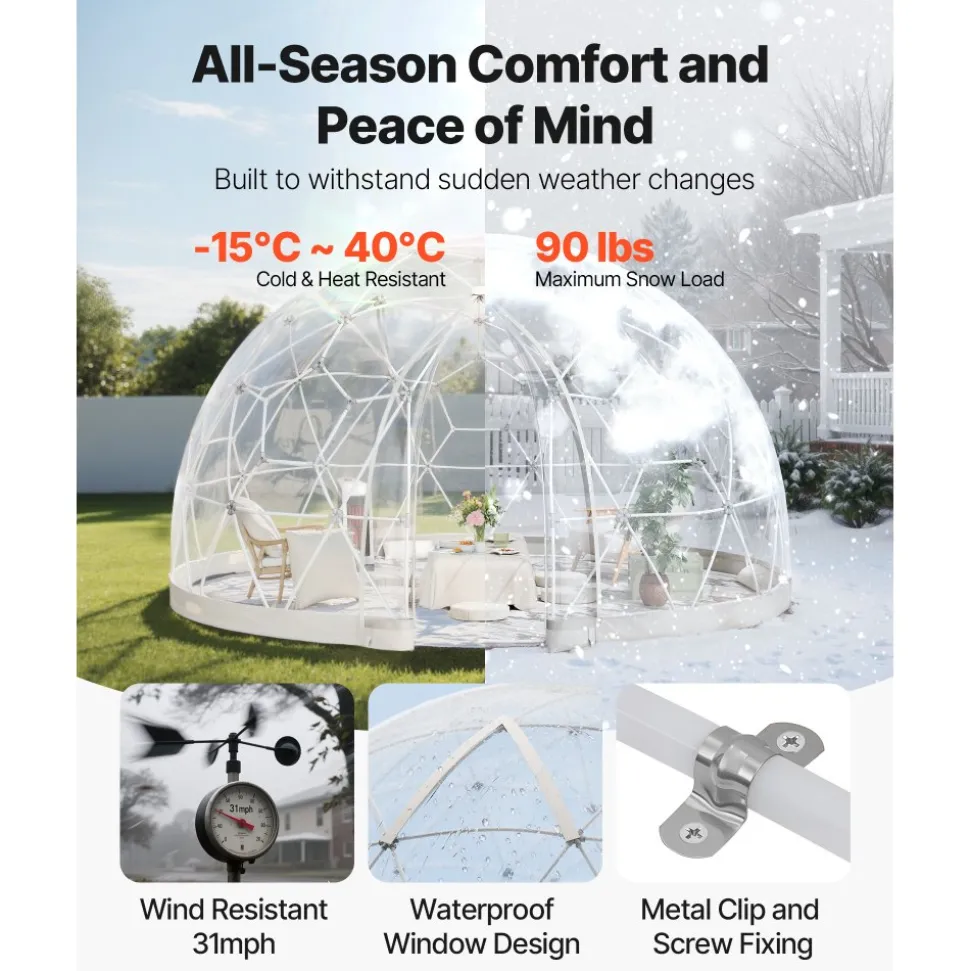 VEVOR Garden Dome Igloo, 12 x 7.2 ft Outdoor Clear Bubble Tent for 4-7 Person, Weatherproof Geodesic Dome Greenhouse with Window, PVC Igloo Tent for Backyard Patios Camping Party Wedding