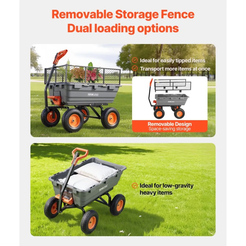 VEVOR Garden Dump Cart, 1200 lbs Poly Dump Cart, Garden Carts Dumps Wagon with Storage Fence, 2-in-1 Convertible Handle, 90° Quick-Dumps Mechanism, 180° Swivel Wheels, Yard Wagon for Plants, Soil