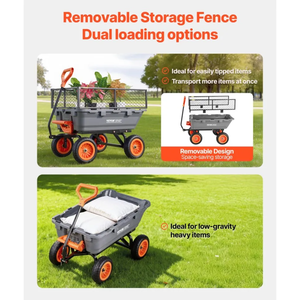 VEVOR Garden Dump Cart, 800 lbs Poly Dump Cart, Garden Carts Dumps Wagon with Storage Fence, 90° Quick-Dumps Mechanism, 180° Swivel Wheels, 90° Rotating Handle, Yard Wagon for Plants, Soil, Crops