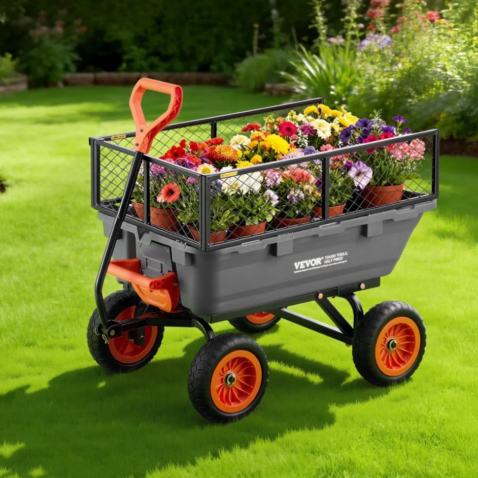 VEVOR Garden Dump Cart, 800 lbs Poly Dump Cart, Garden Carts Dumps Wagon with Storage Fence, 90° Quick-Dumps Mechanism, 180° Swivel Wheels, 90° Rotating Handle, Yard Wagon for Plants, Soil, Crops