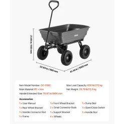 VEVOR Garden Dump Cart, 600 lbs Poly Dump Cart, Garden Carts Dumps Wagon with 90° Quick-Dumps Mechanism, 180° Swivel Wheels, 270° Flexible Rotating Bearings, Yard Wagon for Plants, Soil, Crops