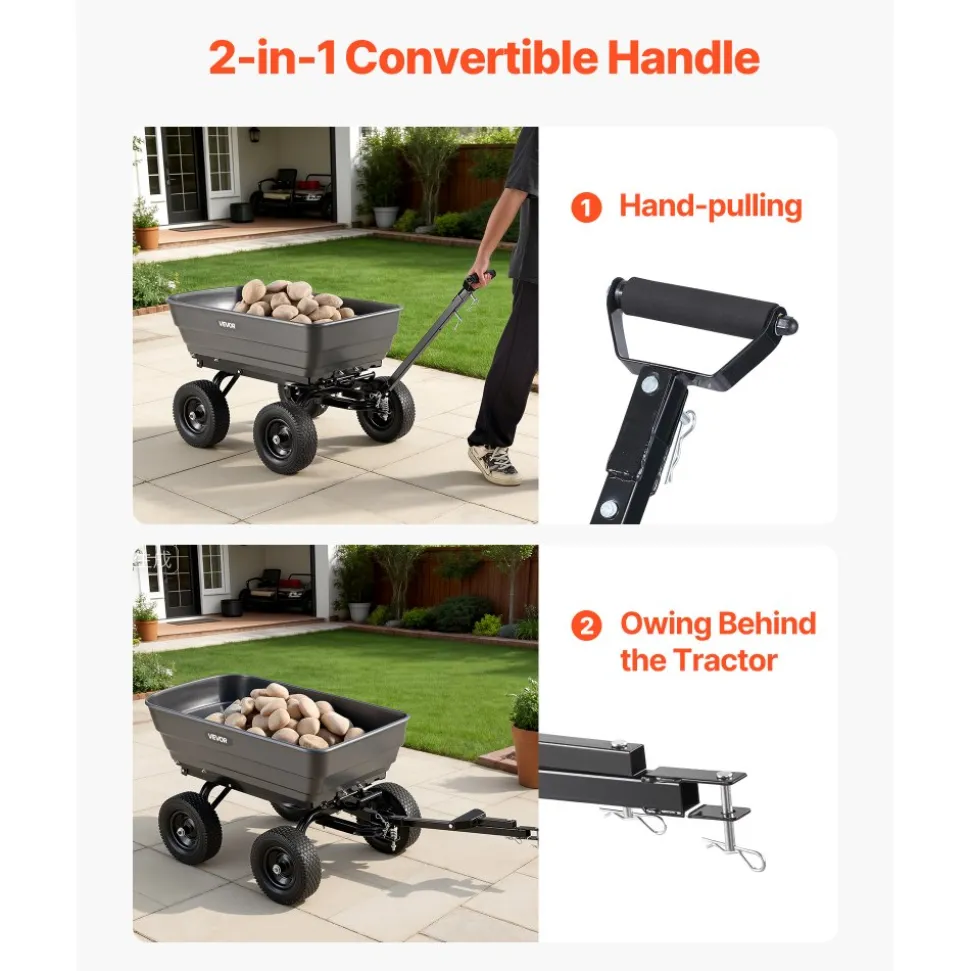 VEVOR Garden Dump Cart, 1200 lbs Poly Dump Cart, 6 Cu. Ft. Garden Carts Dumps Wagon with 2-in-1 Convertible Handle, 90° Quick-Dumps Mechanism, 180° Swivel Wheels, Yard Wagon for Plants, Soil, Crops