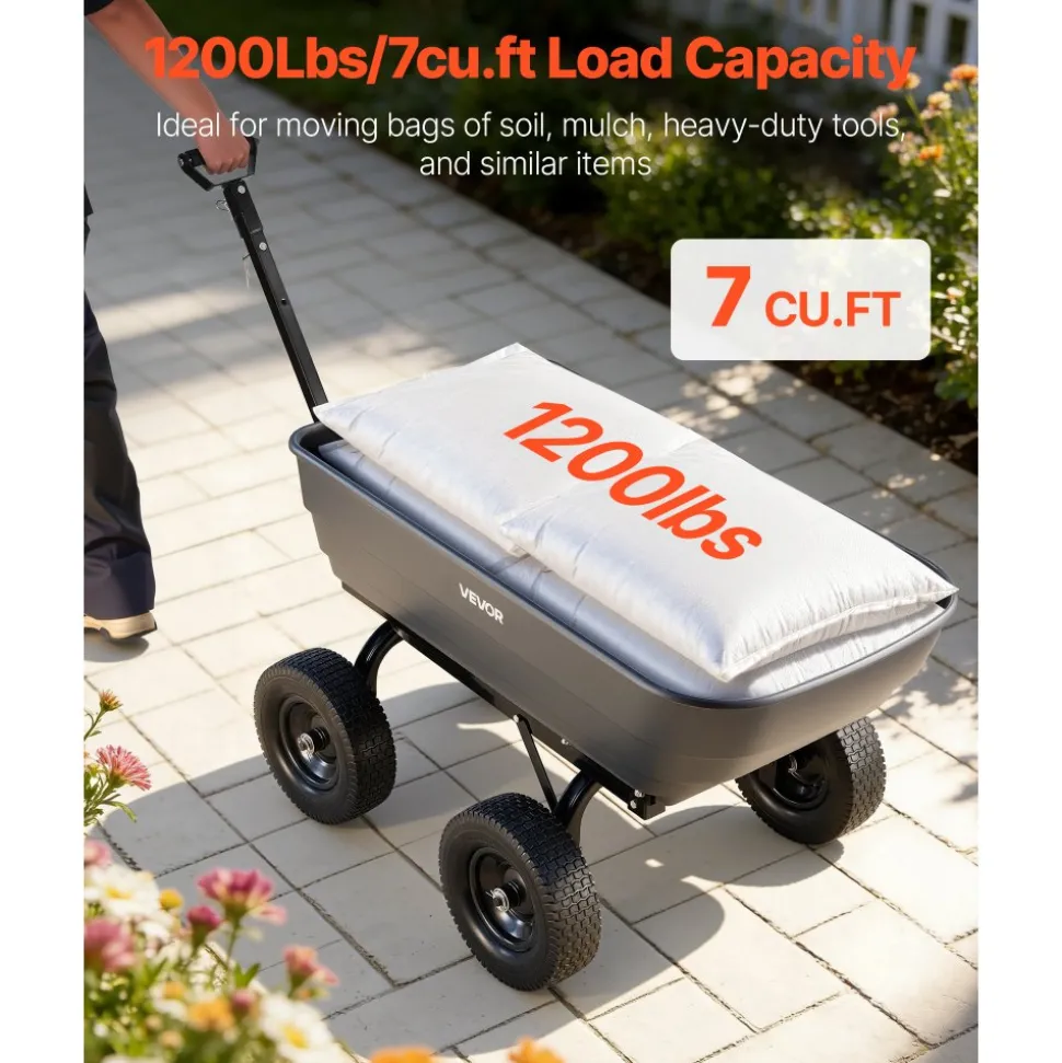 VEVOR Garden Dump Cart, 1200 lbs Poly Dump Cart, 6 Cu. Ft. Garden Carts Dumps Wagon with 2-in-1 Convertible Handle, 90° Quick-Dumps Mechanism, 180° Swivel Wheels, Yard Wagon for Plants, Soil, Crops