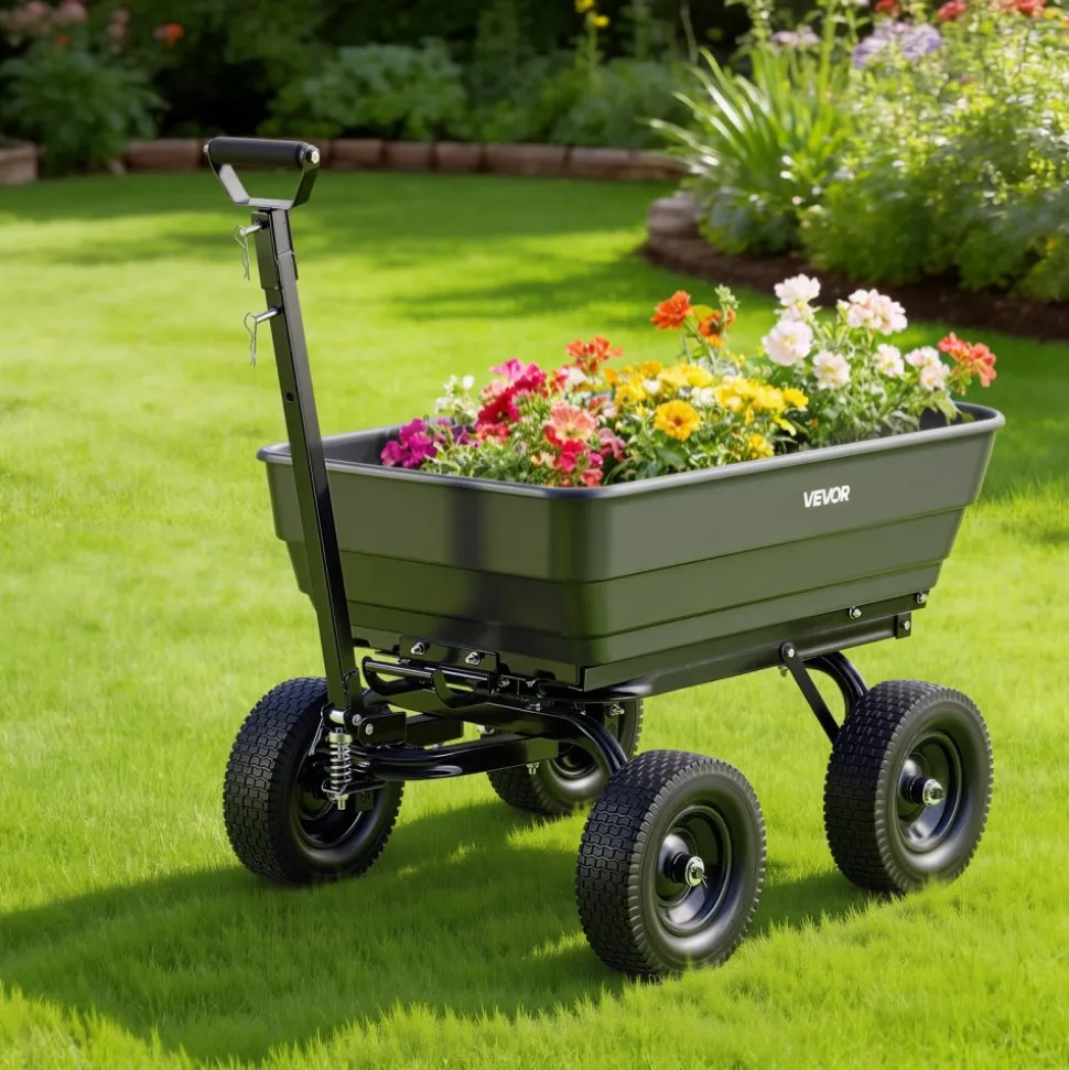 VEVOR Garden Dump Cart, 1200 lbs Poly Dump Cart, 7 Cu. Ft. Garden Carts Dumps Wagon with 2-in-1 Convertible Handle, 90° Quick-Dumps Mechanism, 180° Swivel Wheels, Yard Wagon for Plants, Soil, Crops