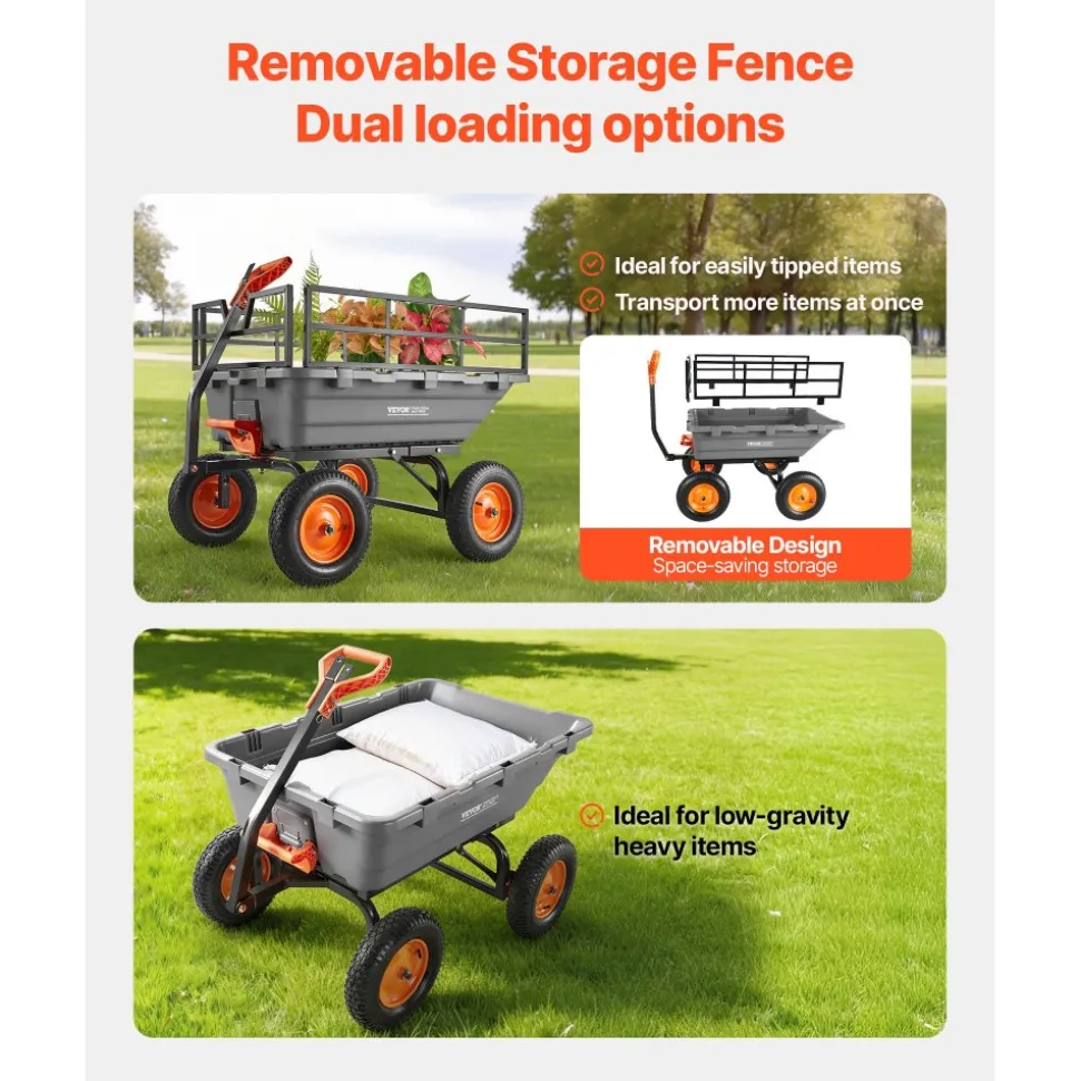 VEVOR Garden Dump Cart, 1500lbs Poly Dump Cart, 15 Cu. Ft. Garden Carts Dumps Wagon with 2-in-1 Convertible Handle, 90° Quick-Dumps Mechanism, Adjustable Handle, Yard Wagon for Plants, Soil, Crops