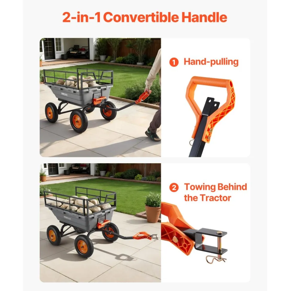 VEVOR Garden Dump Cart, 1500lbs Poly Dump Cart, 15 Cu. Ft. Garden Carts Dumps Wagon with 2-in-1 Convertible Handle, 90° Quick-Dumps Mechanism, Adjustable Handle, Yard Wagon for Plants, Soil, Crops