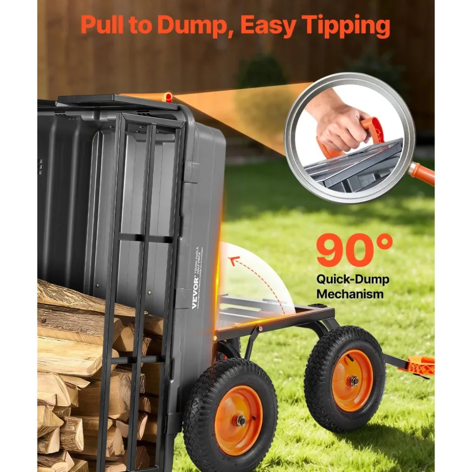 VEVOR Garden Dump Cart, 1500lbs Poly Dump Cart, 15 Cu. Ft. Garden Carts Dumps Wagon with 2-in-1 Convertible Handle, 90° Quick-Dumps Mechanism, Adjustable Handle, Yard Wagon for Plants, Soil, Crops