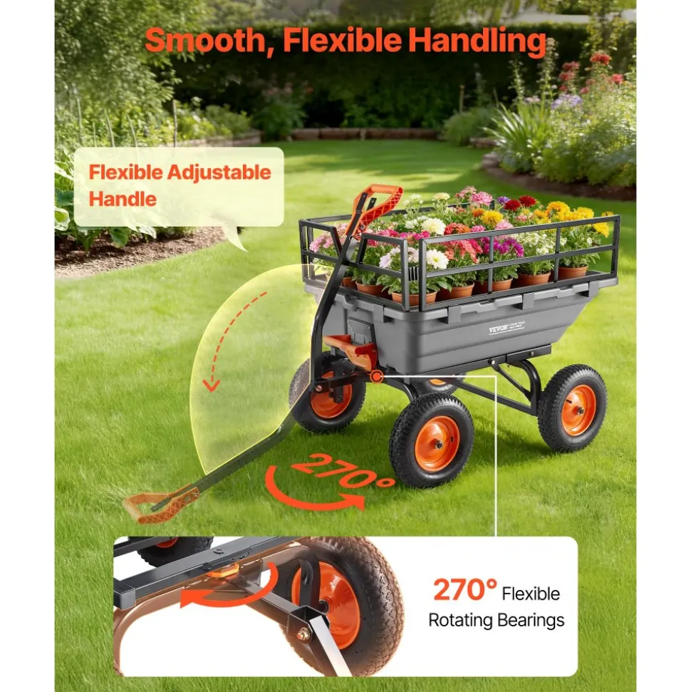 VEVOR Garden Dump Cart, 1500lbs Poly Dump Cart, 15 Cu. Ft. Garden Carts Dumps Wagon with 2-in-1 Convertible Handle, 90° Quick-Dumps Mechanism, Adjustable Handle, Yard Wagon for Plants, Soil, Crops
