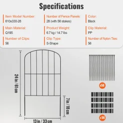 VEVOR Garden Fence, 24in(H) x30ft(L) Animal Barrier Fence, Underground Decorative Garden Fencing with 2 Inch Spike Spacing, Metal Dog Fence for the Yard and Outdoor Patio, 28 Pack