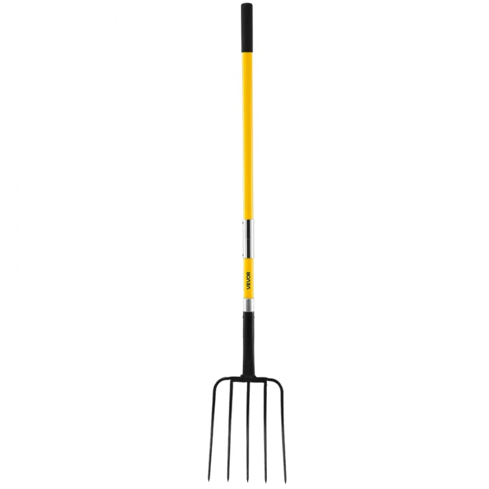 VEVOR Garden Fork, 5-Tine Gardening Pitchfork with Fiberglass Handle, 57 in Heavy Duty Digging Fork with Y Grip, Forged Steel Spading Fork for Hay Potato Composting Transplanting Aeration