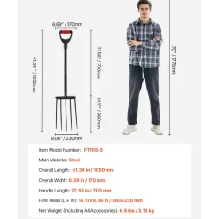 VEVOR Garden Fork, 5-Tine Gardening Pitchfork with Metal Handle, 41 in Heavy Duty Digging Fork with Y Grip, Forged Steel Spading Fork for Hay Potato Composting Transplanting Aeration