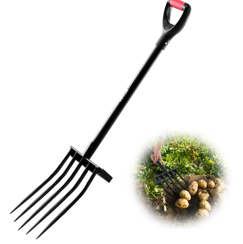 VEVOR Garden Fork, 5-Tine Gardening Pitchfork with Metal Handle, 41 in Heavy Duty Digging Fork with Y Grip, Forged Steel Spading Fork for Hay Potato Composting Transplanting Aeration