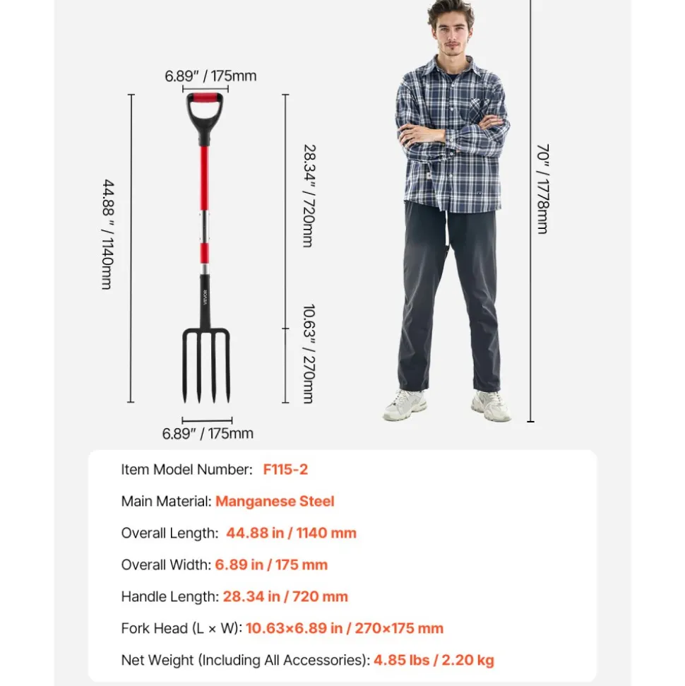VEVOR Garden Fork, 4-Tine Gardening Pitchfork with Fiberglass Handle, 45 in Heavy Duty Digging Fork with Y Grip, Forged Steel Spading Fork for Hay Potato Composting Transplanting Aeration