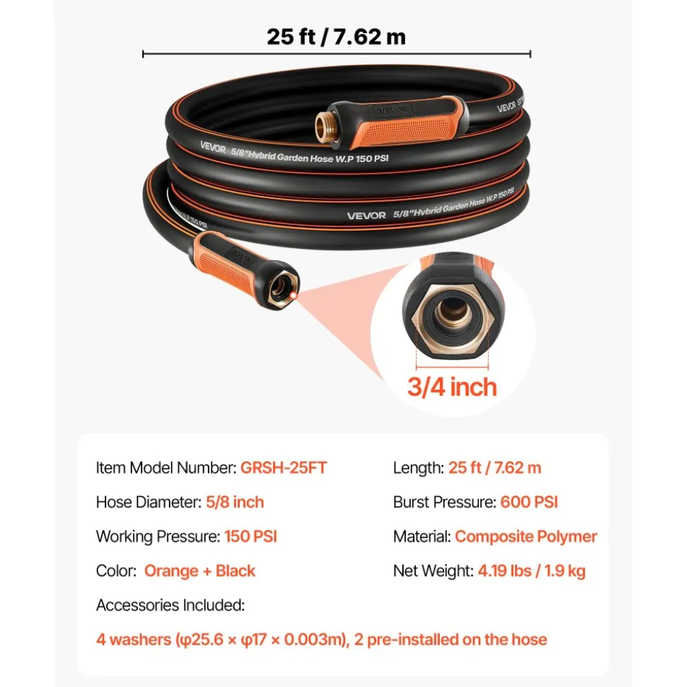 VEVOR Garden Hose, 25 ft 5/8" Heavy Duty 4-Layer Rubber Water Hose, 150PSI Working & 600PSI Burst, Flexible & Non-kink Outdoor Waterhose with 3/4" Fitting, Lightweight Hoses for Gardening Cleaning