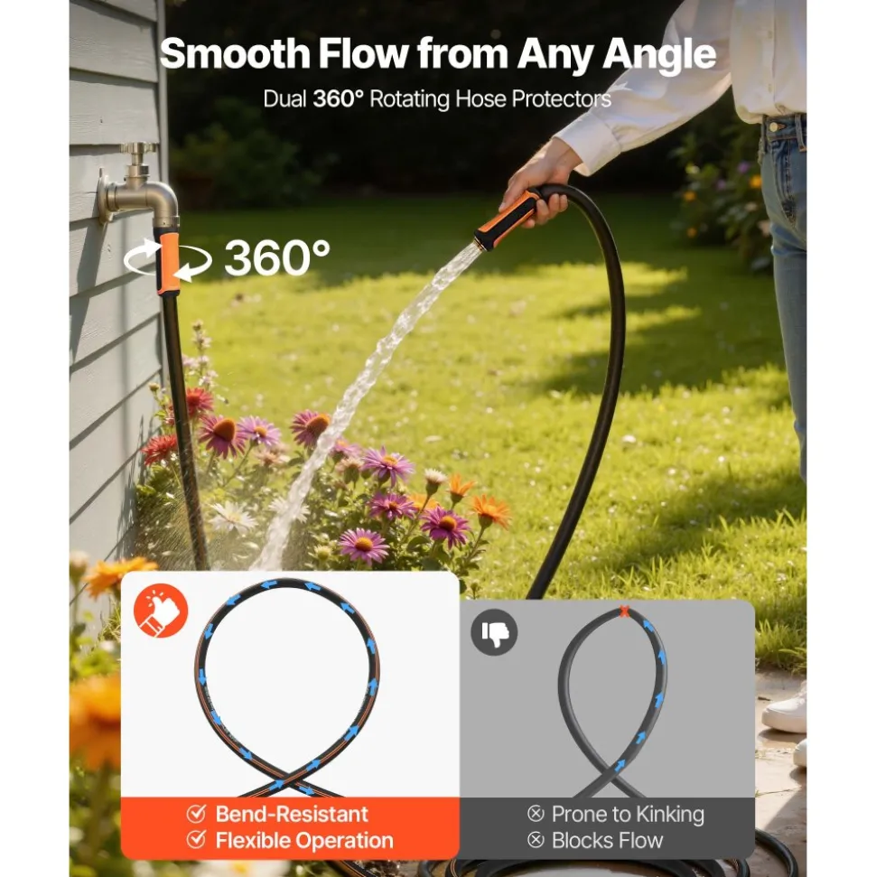 VEVOR Garden Hose, 25 ft 5/8" Heavy Duty 4-Layer Rubber Water Hose, 150PSI Working & 600PSI Burst, Flexible & Non-kink Outdoor Waterhose with 3/4" Fitting, Lightweight Hoses for Gardening Cleaning