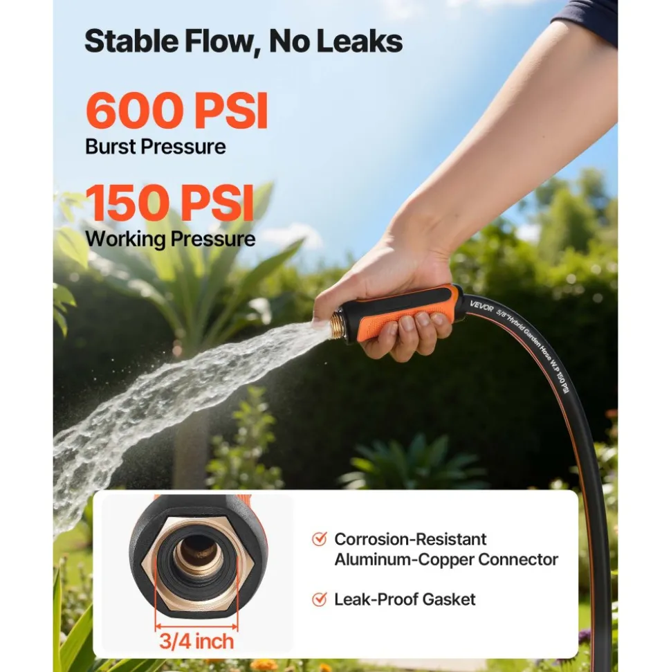 VEVOR Garden Hose, 25 ft 5/8" Heavy Duty 4-Layer Rubber Water Hose, 150PSI Working & 600PSI Burst, Flexible & Non-kink Outdoor Waterhose with 3/4" Fitting, Lightweight Hoses for Gardening Cleaning