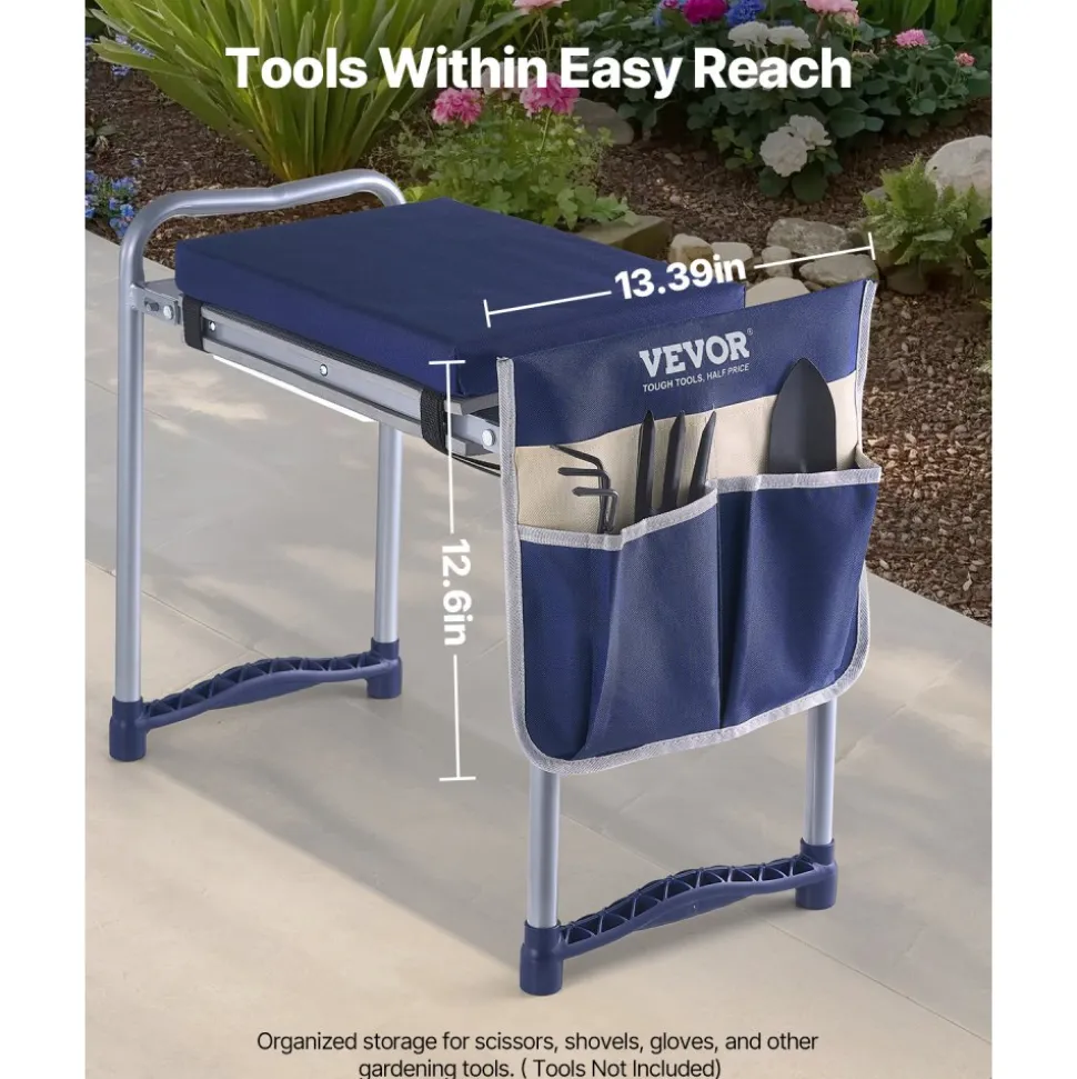VEVOR Garden Kneeler and Seat, 11 in Wide Thick Kneeling Pad, Heavy Duty Garden Kneeling Stool, Folding Garden Seat with 1 Tool Bag, Relieve Knee & Back Pain, Non-Slip Garden Bench for Grandparents