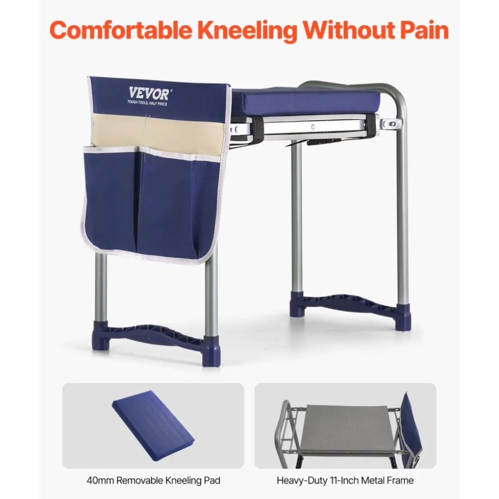 VEVOR Garden Kneeler and Seat, 11 in Wide Thick Kneeling Pad, Heavy Duty Garden Kneeling Stool, Folding Garden Seat with 1 Tool Bag, Relieve Knee & Back Pain, Non-Slip Garden Bench for Grandparents
