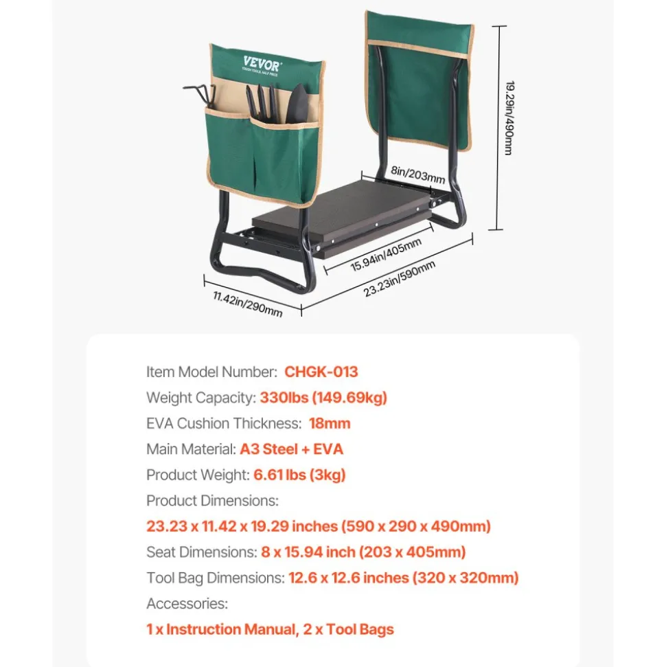 VEVOR Garden Kneeler and Seat, 8 in Wide Kneeling Pad, Heavy Duty Garden Kneeling Stool, Folding Garden Seat with 2 Tool Bags, Relieve Knee & Back Pain, Portable Garden Bench for Women Grandparents