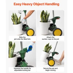 VEVOR Garden Pot Mover, Heavy Duty Plant Dolly Cart with Adjustable Grabbing Arm, Max 143 LBS Weight Capacity, Potted Plant Mover Dolly with Suction Cup and Secure Lock, Fits for Indoor & Outdoor Use