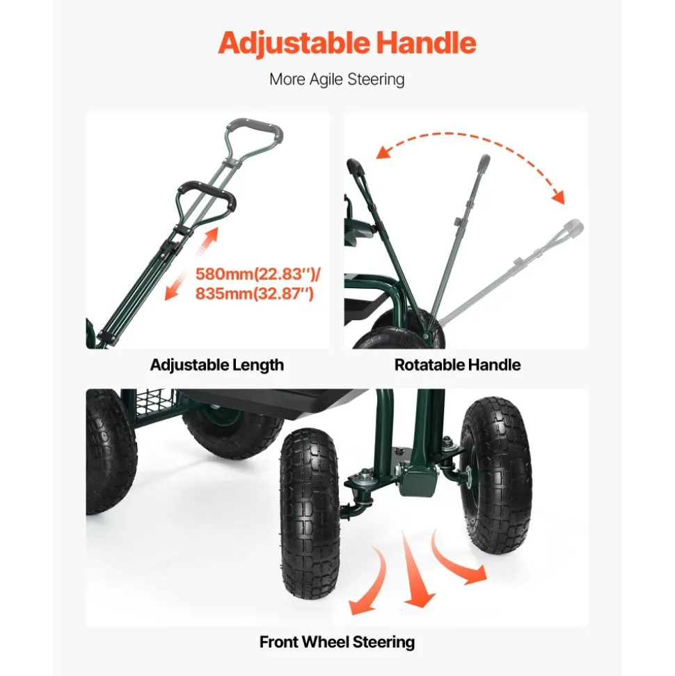 VEVOR Garden Seat with Wheels, Rolling Garden Stool with Height Adjustable & 360° Swivel Seat, 400lbs Weight Capacity, Gardening Cart Bench, Ergonomic Backrest & Tool Storage, for Garden, Yard, Patio