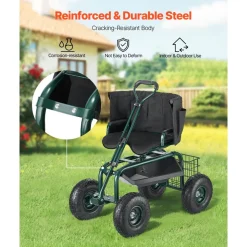 VEVOR Garden Seat with Wheels, Rolling Garden Stool with Height Adjustable & 360° Swivel Seat, 400lbs Weight Capacity, Gardening Cart Bench, Ergonomic Backrest & Tool Storage, for Garden, Yard, Patio