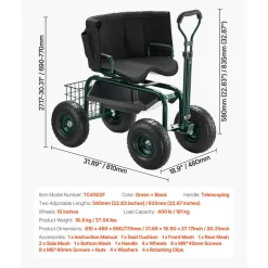 VEVOR Garden Seat with Wheels, Rolling Garden Stool with Height Adjustable & 360° Swivel Seat, 400lbs Weight Capacity, Gardening Cart Bench, Ergonomic Backrest & Tool Storage, for Garden, Yard, Patio