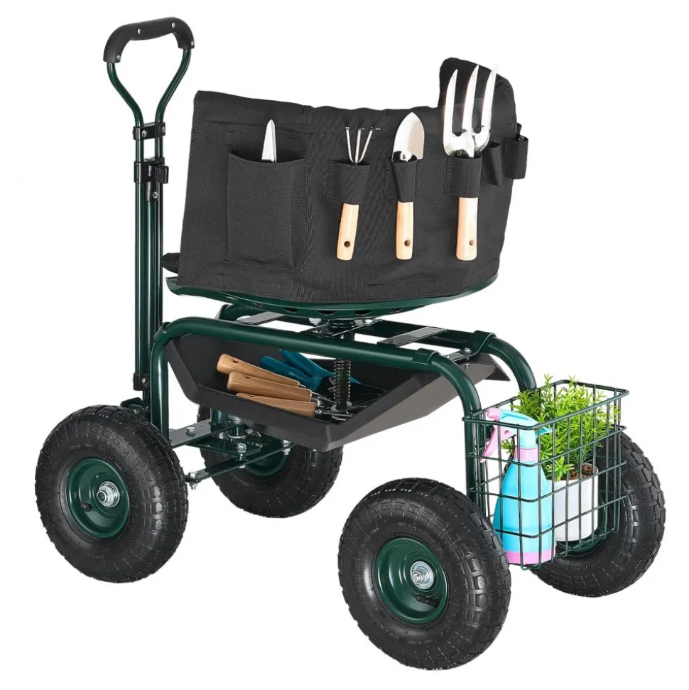 VEVOR Garden Seat with Wheels, Rolling Garden Stool with Height Adjustable & 360° Swivel Seat, 400lbs Weight Capacity, Gardening Cart Bench, Ergonomic Backrest & Tool Storage, for Garden, Yard, Patio