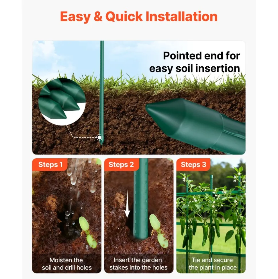 VEVOR Garden Stakes, 50 Pack, 46.06 inch, Plastic Coated Metal Tomato Stakes, Garden Sticks for Plants Support, with Pointed End and Non-Slip Bumps for Growing Climbing Plants, Outdoor Vegetables