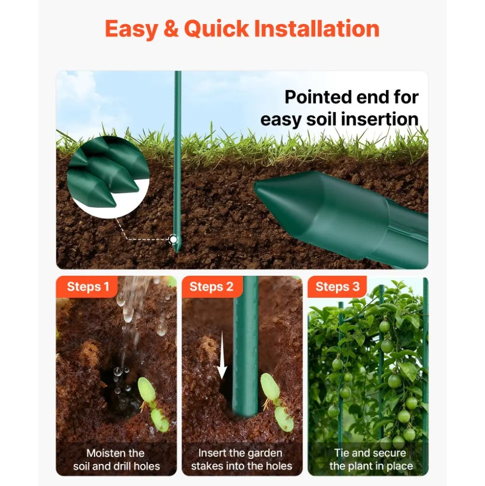 VEVOR Garden Stakes, 50 Pack, 57.28 inch, Plastic Coated Metal Tomato Stakes, Garden Sticks for Plants Support, with Pointed End and Non-Slip Bumps for Growing Climbing Plants, Outdoor Vegetables
