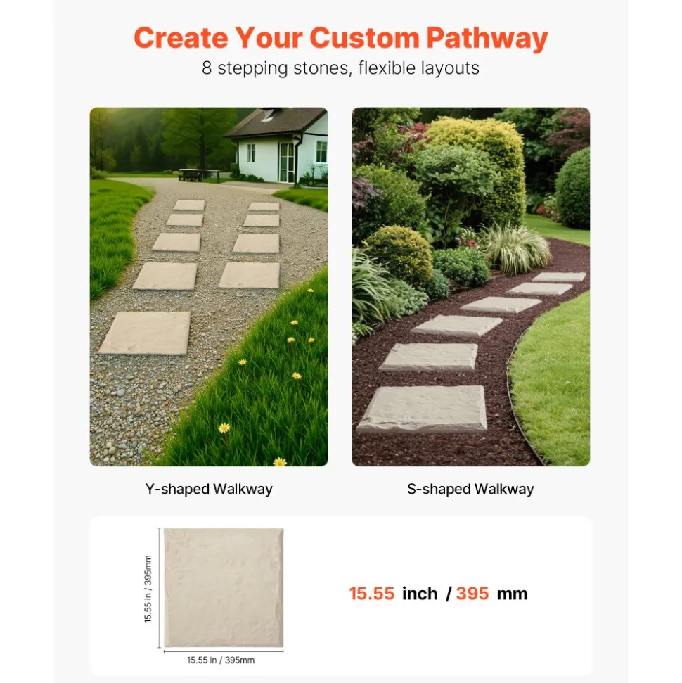 VEVOR Garden Stepping Stones, 16Pcs 15.5 x 15.5 in, Decorative Stepping Stones with Stakes, Weather-Resistant Plastic Pathway Pavers, Smooth Surface, Outdoor Walkway for Lawn Patio Landscape, Grey