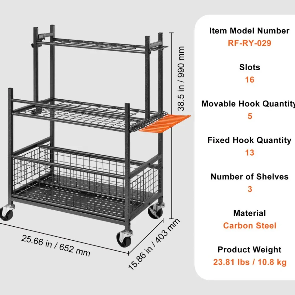 VEVOR Garden Tool Organizer, 16 Slots with Hooks, Yard Tool Tower Rack with Wheels for Garage Organization and Storage, Hold Long-Handled Tool/Rake/Broom, Metal Tool Stand Holder for Shed, Outdoor