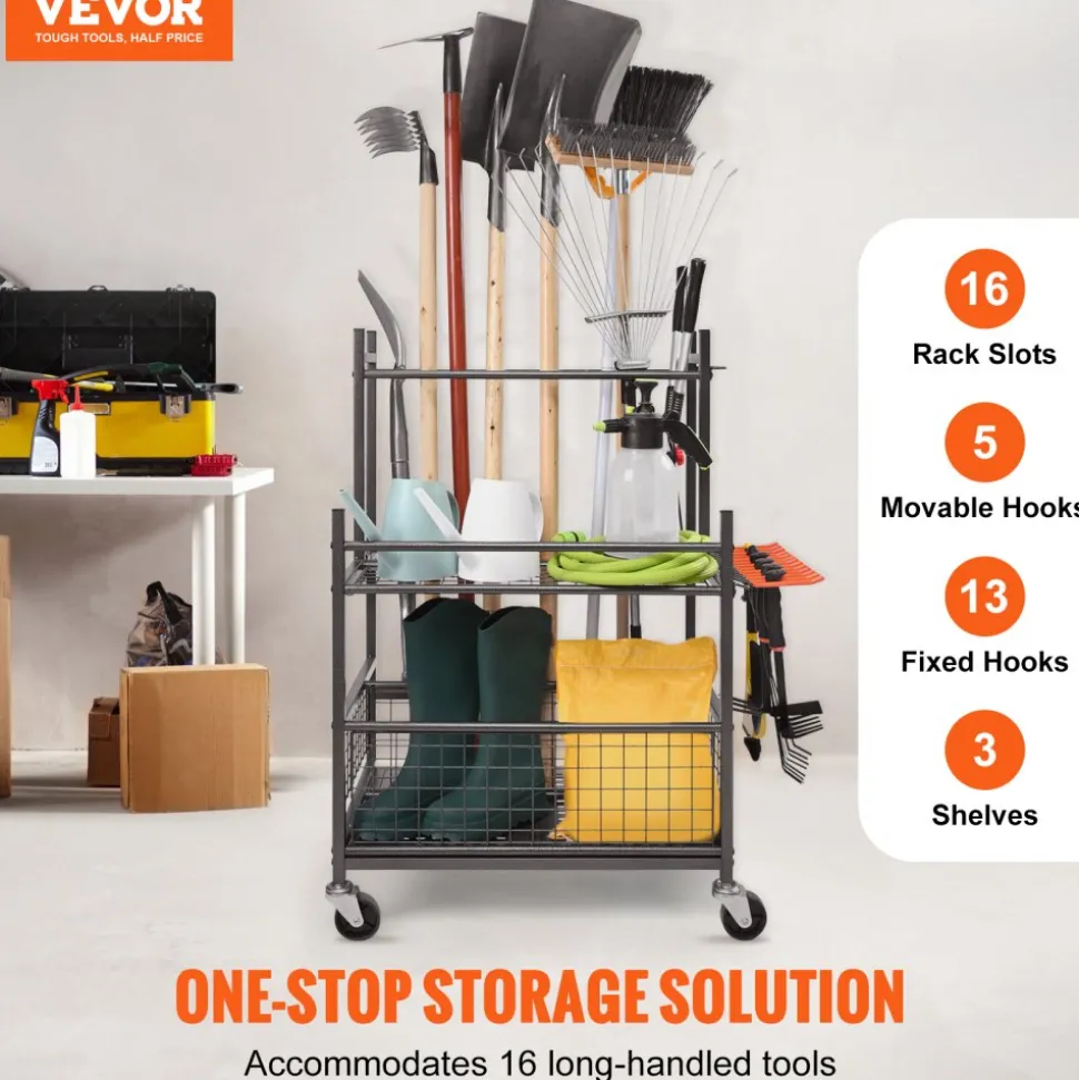 VEVOR Garden Tool Organizer, 16 Slots with Hooks, Yard Tool Tower Rack with Wheels for Garage Organization and Storage, Hold Long-Handled Tool/Rake/Broom, Metal Tool Stand Holder for Shed, Outdoor