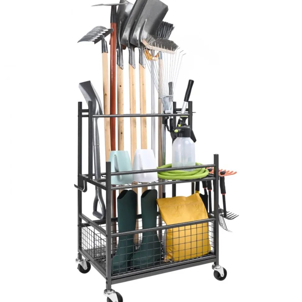 VEVOR Garden Tool Organizer, 16 Slots with Hooks, Yard Tool Tower Rack with Wheels for Garage Organization and Storage, Hold Long-Handled Tool/Rake/Broom, Metal Tool Stand Holder for Shed, Outdoor