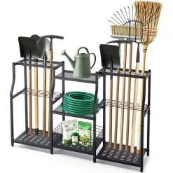 VEVOR Garden Tool Organizer, 3-Tier High-Capacity Metal Garage Storage Rack, for Rakes/Shovels/Brooms, Yard Utility Tool Holder for Shed/Outdoor/Lawn Organization, Heavy-Duty Steel, with Hooks, Black