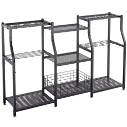 VEVOR Garden Tool Organizer, 3-Tier High-Capacity Metal Garage Storage Rack, for Rakes/Shovels/Brooms, Yard Utility Tool Holder for Shed/Outdoor/Lawn Organization, Heavy-Duty Steel, with Hooks, Black
