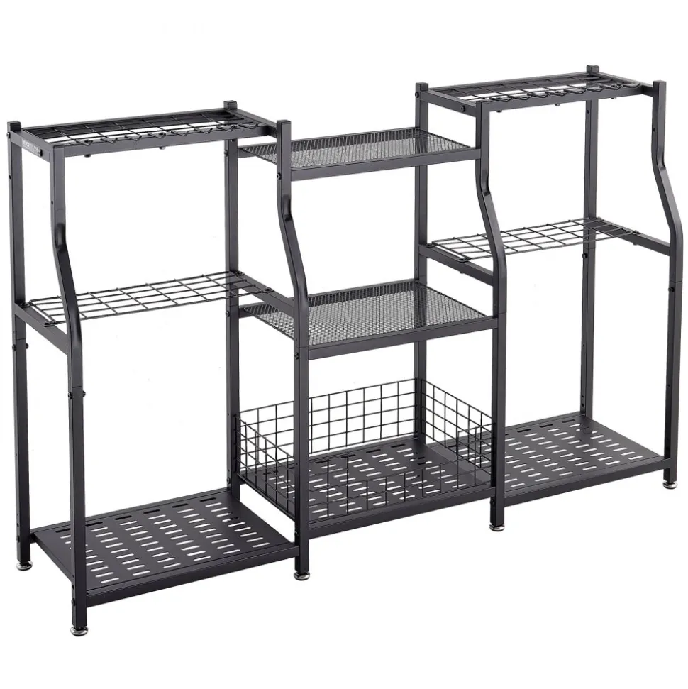 VEVOR Garden Tool Organizer, 3-Tier High-Capacity Metal Garage Storage Rack, for Rakes/Shovels/Brooms, Yard Utility Tool Holder for Shed/Outdoor/Lawn Organization, Heavy-Duty Steel, with Hooks, Black