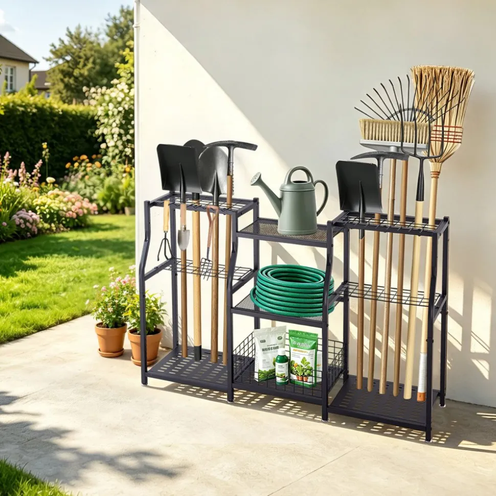 VEVOR Garden Tool Organizer, 3-Tier High-Capacity Metal Garage Storage Rack, for Rakes/Shovels/Brooms, Yard Utility Tool Holder for Shed/Outdoor/Lawn Organization, Heavy-Duty Steel, with Hooks, Black