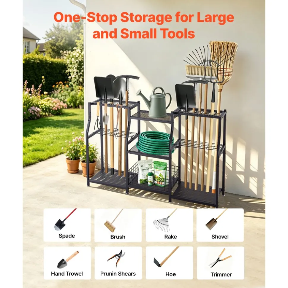 VEVOR Garden Tool Organizer, 3-Tier High-Capacity Metal Garage Storage Rack, for Rakes/Shovels/Brooms, Yard Utility Tool Holder for Shed/Outdoor/Lawn Organization, Heavy-Duty Steel, with Hooks, Black