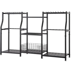 VEVOR Garden Tool Organizer, 3-Tier High-Capacity Metal Garage Storage Rack, for Rakes/Shovels/Brooms, Yard Utility Tool Holder for Shed/Outdoor/Lawn Organization, Heavy-Duty Steel, with Hooks, Black