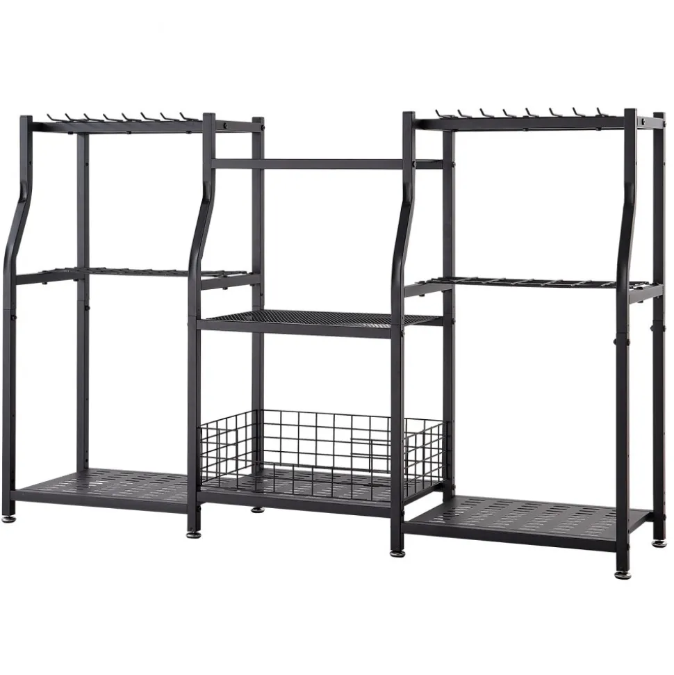 VEVOR Garden Tool Organizer, 3-Tier High-Capacity Metal Garage Storage Rack, for Rakes/Shovels/Brooms, Yard Utility Tool Holder for Shed/Outdoor/Lawn Organization, Heavy-Duty Steel, with Hooks, Black