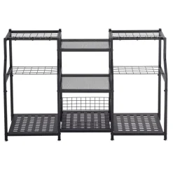 VEVOR Garden Tool Organizer, 3-Tier High-Capacity Metal Garage Storage Rack, for Rakes/Shovels/Brooms, Yard Utility Tool Holder for Shed/Outdoor/Lawn Organization, Heavy-Duty Steel, with Hooks, Black