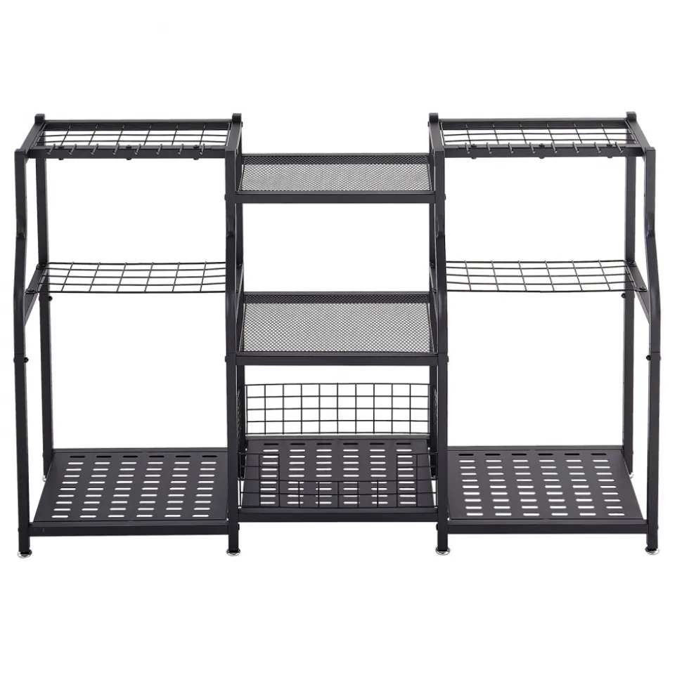 VEVOR Garden Tool Organizer, 3-Tier High-Capacity Metal Garage Storage Rack, for Rakes/Shovels/Brooms, Yard Utility Tool Holder for Shed/Outdoor/Lawn Organization, Heavy-Duty Steel, with Hooks, Black
