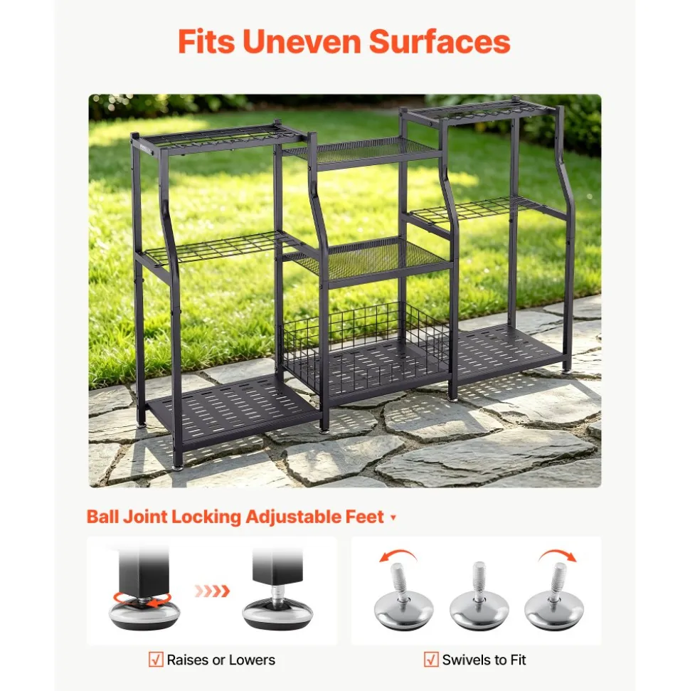 VEVOR Garden Tool Organizer, 3-Tier High-Capacity Metal Garage Storage Rack, for Rakes/Shovels/Brooms, Yard Utility Tool Holder for Shed/Outdoor/Lawn Organization, Heavy-Duty Steel, with Hooks, Black