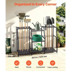 VEVOR Garden Tool Organizer, 3-Tier High-Capacity Metal Garage Storage Rack, for Rakes/Shovels/Brooms, Yard Utility Tool Holder for Shed/Outdoor/Lawn Organization, Heavy-Duty Steel, with Hooks, Black