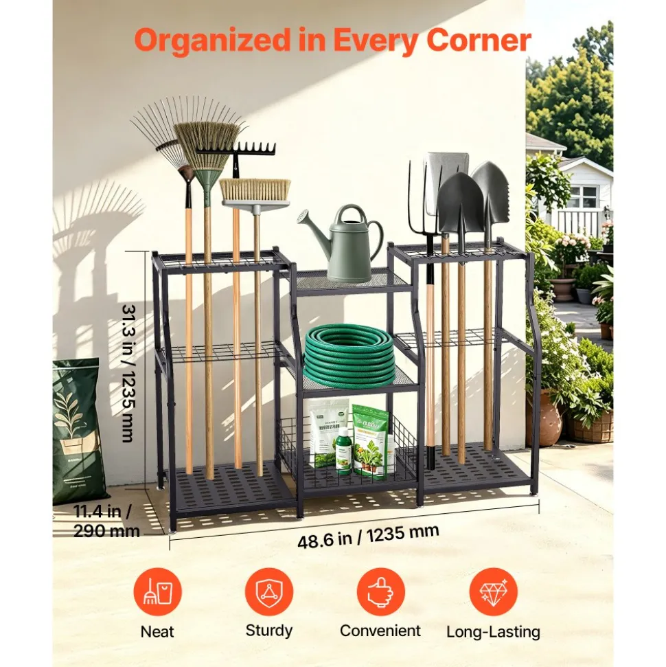 VEVOR Garden Tool Organizer, 3-Tier High-Capacity Metal Garage Storage Rack, for Rakes/Shovels/Brooms, Yard Utility Tool Holder for Shed/Outdoor/Lawn Organization, Heavy-Duty Steel, with Hooks, Black