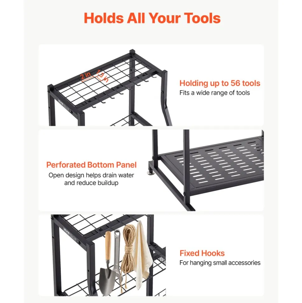 VEVOR Garden Tool Organizer, 3-Tier High-Capacity Metal Garage Storage Rack, for Rakes/Shovels/Brooms, Yard Utility Tool Holder for Shed/Outdoor/Lawn Organization, Heavy-Duty Steel, with Hooks, Black